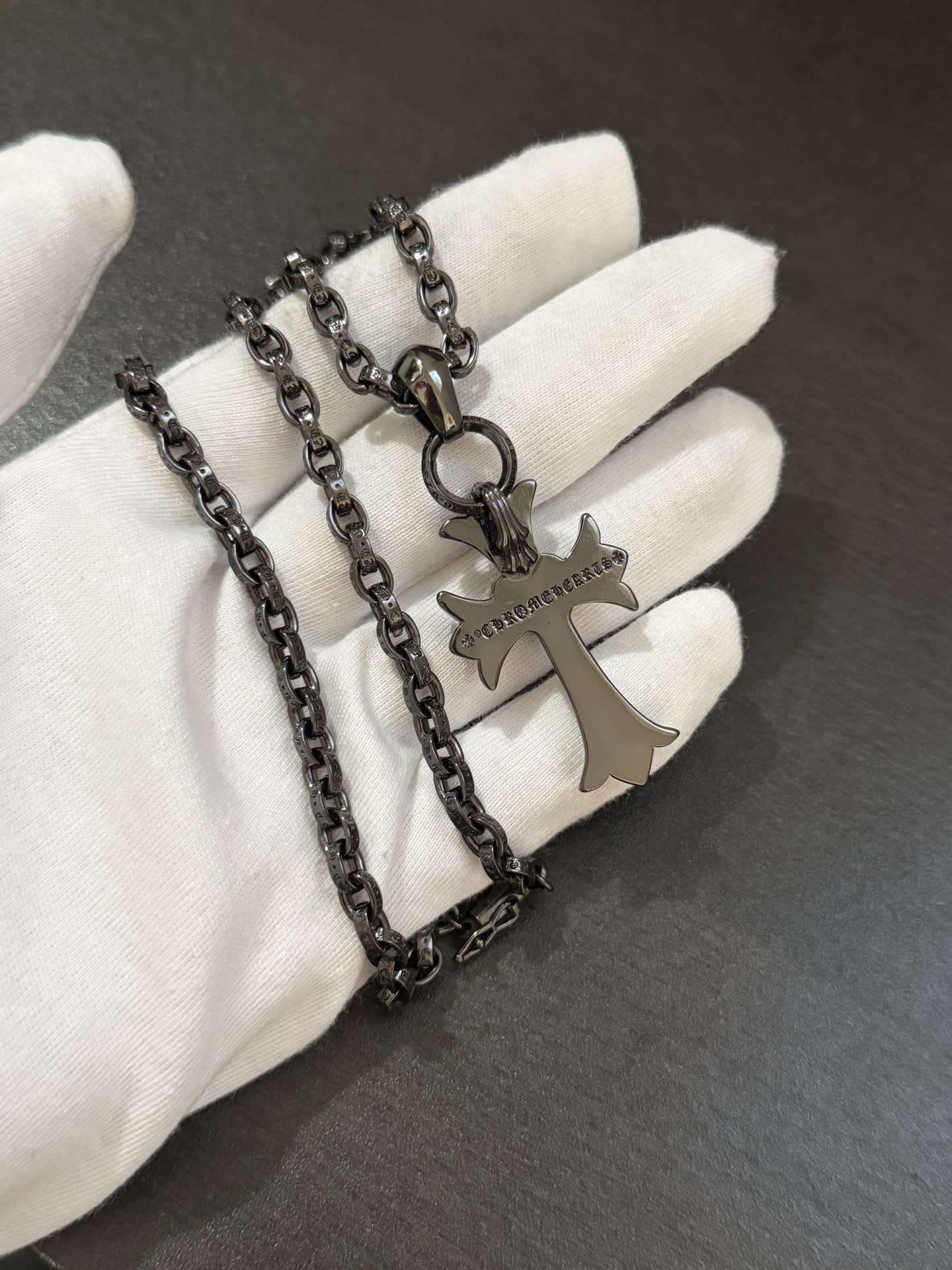 Chrome Hearts Black Rhinestone Cross Pendant Necklace